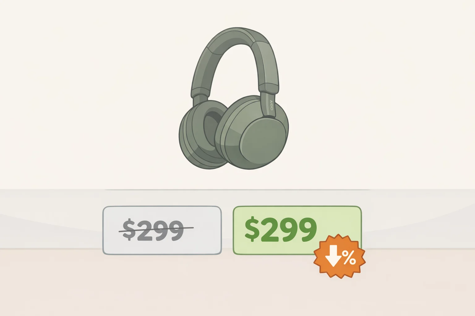 Sony WH-1000XM6 Olive Gray (model WH-1000XM6/G) shown in a retail-style product layout with the $399.99 discounted price and olive-to-gray finish.