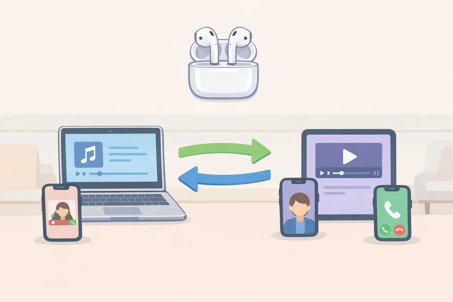 Illustration of AirPods switching between an iPhone and a Mac within the Apple ecosystem rather than performing universal Bluetooth multipoint handoffs