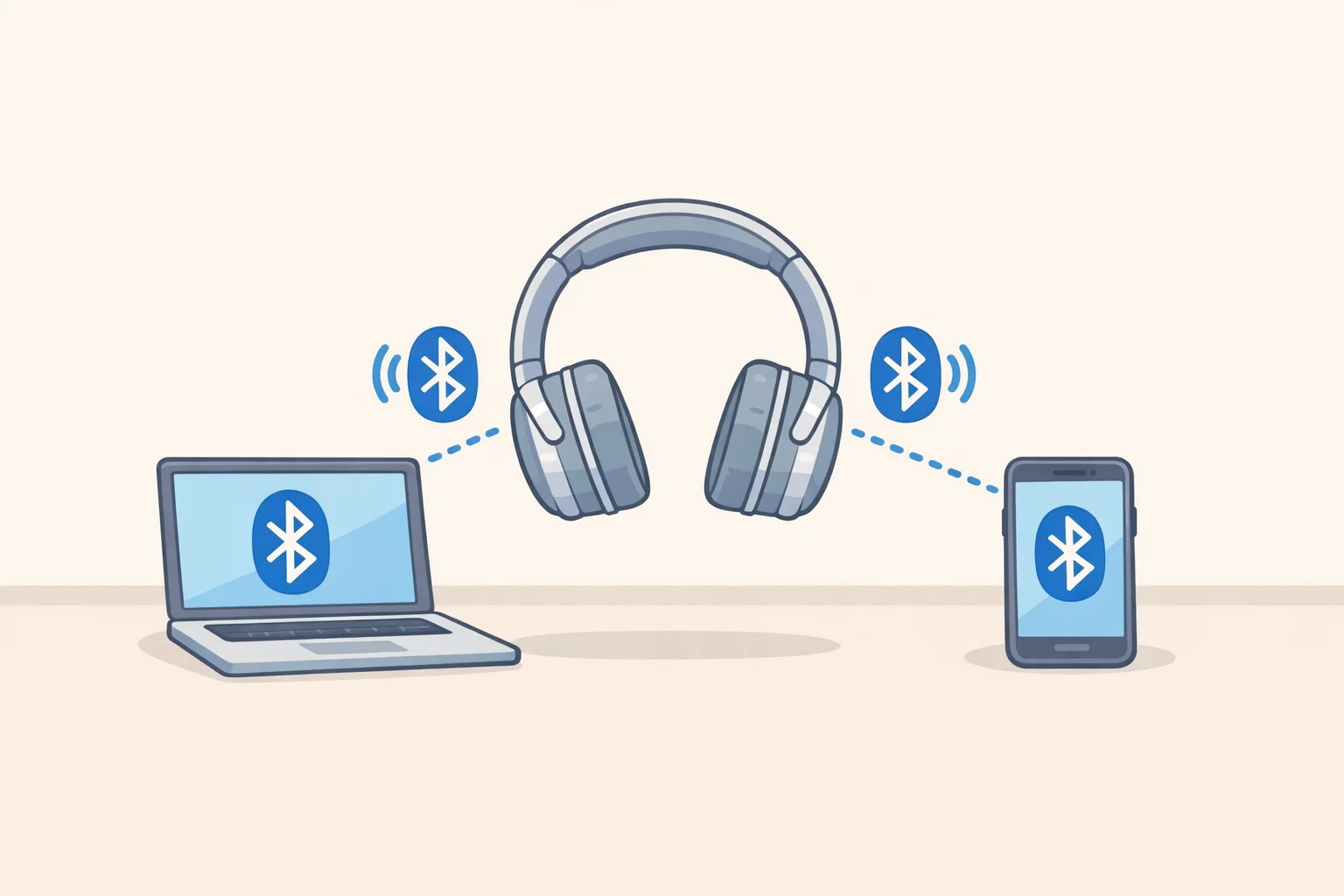 Illustration of Bluetooth multipoint headphones maintaining active connections to a laptop and a smartphone for instant device switching