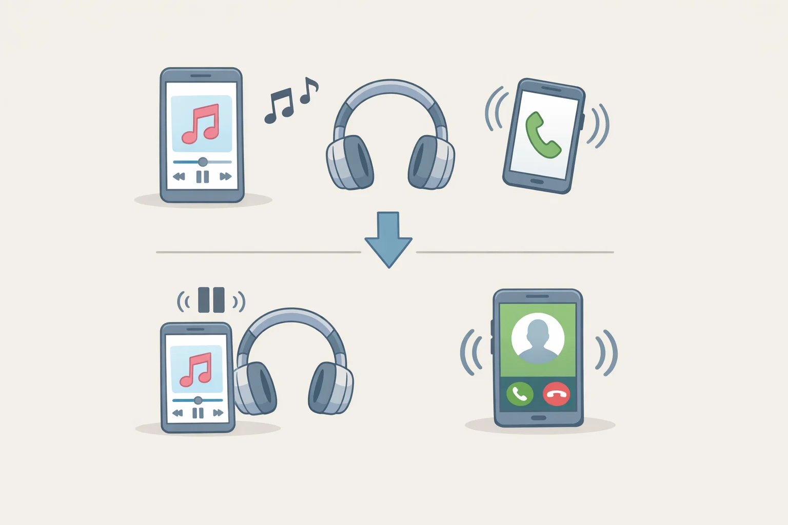 Illustration of headphones pausing podcast audio on a laptop when a call arrives from a phone, then switching back after the call ends