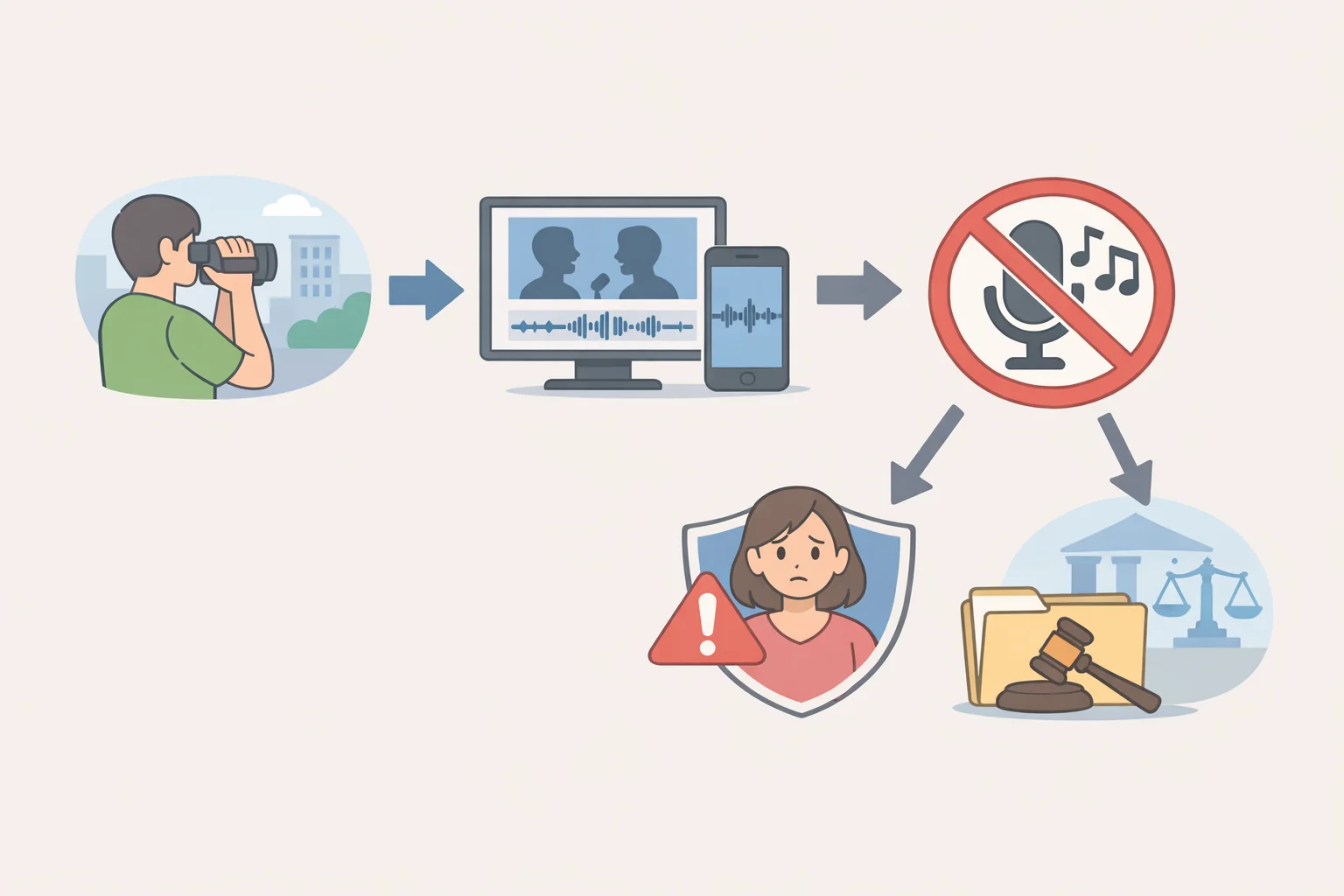 Flowchart-style illustration of Australian scenarios: photographing in public, covert audio recording under the Surveillance Devices Act, and after-the-fact privacy remedies under the Privacy and Other Legislation Amendment Act 2024