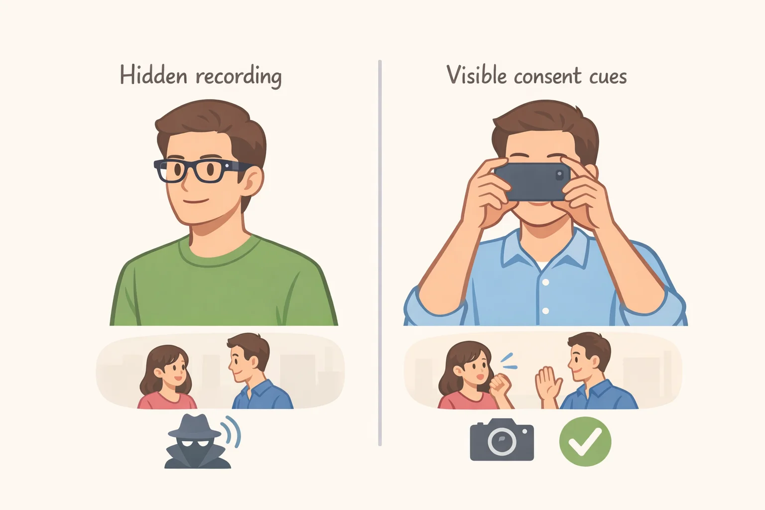 Illustration of a person wearing camera glasses in public, showing the camera pointing toward others while no one sees a phone-style raising gestureexplaining why obtaining meaningful consent is difficult