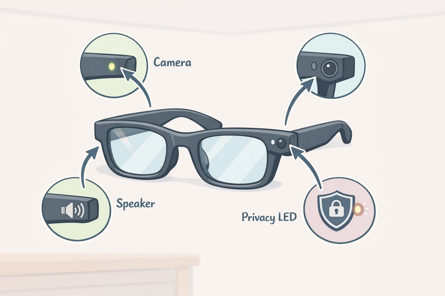 Close-up graphic of Kmart Anko camera glasses showing 8-megapixel photo capture, 1080p video, Bluetooth calling, touch controls, and a privacy LED with missing details like battery life and recording length