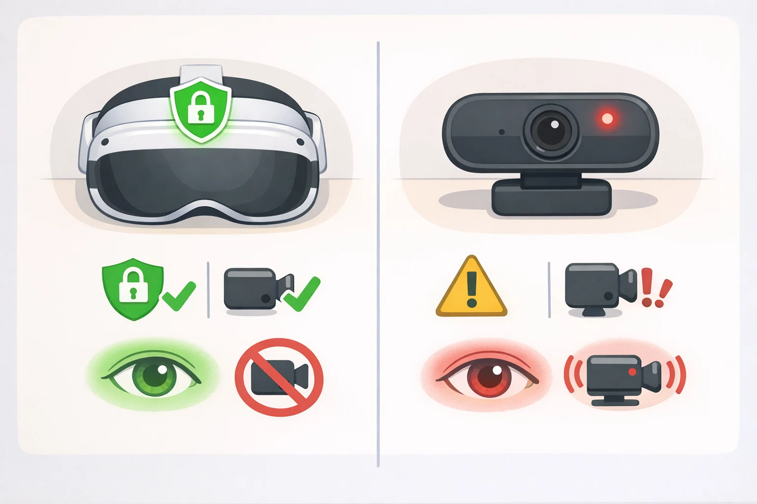 Comparison image showing Ray-Ban Meta recording indicator LED and a scenario where the light is covered versus Kmart Anko glasses lacking documented safeguardsKmart camera glasses privacy concerns emphasized