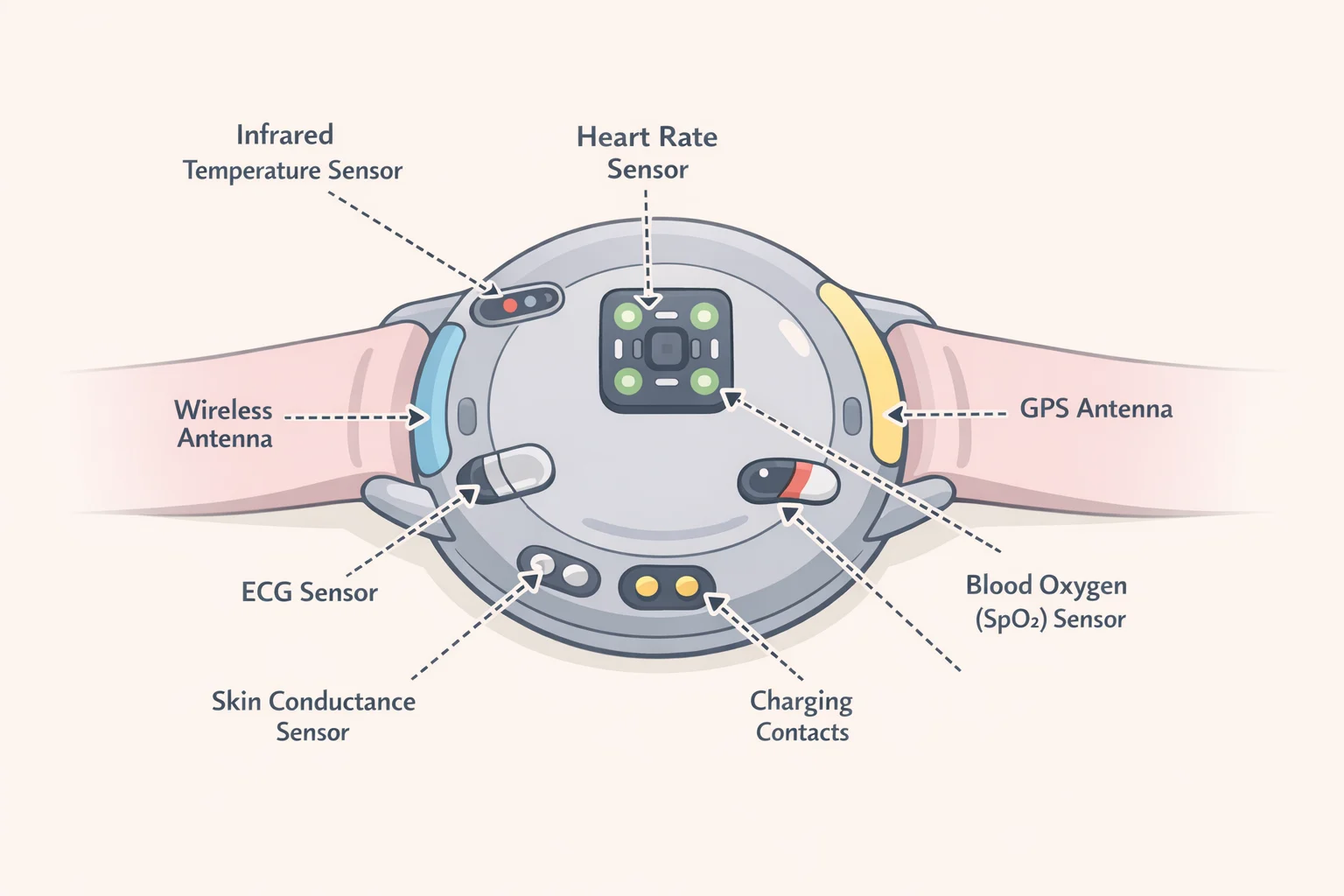 Annotated Pixel Watch 5 diagram labeling SpO2, heart rate, sleep tracking, EDA sensor, UWB, NFC, and IP68 on the watch body