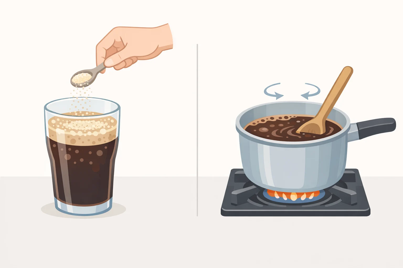 Illustration of unflavored gelatin blooming in root beer, then warming over low heat until fully dissolved for the gelatin-based root beer float pie