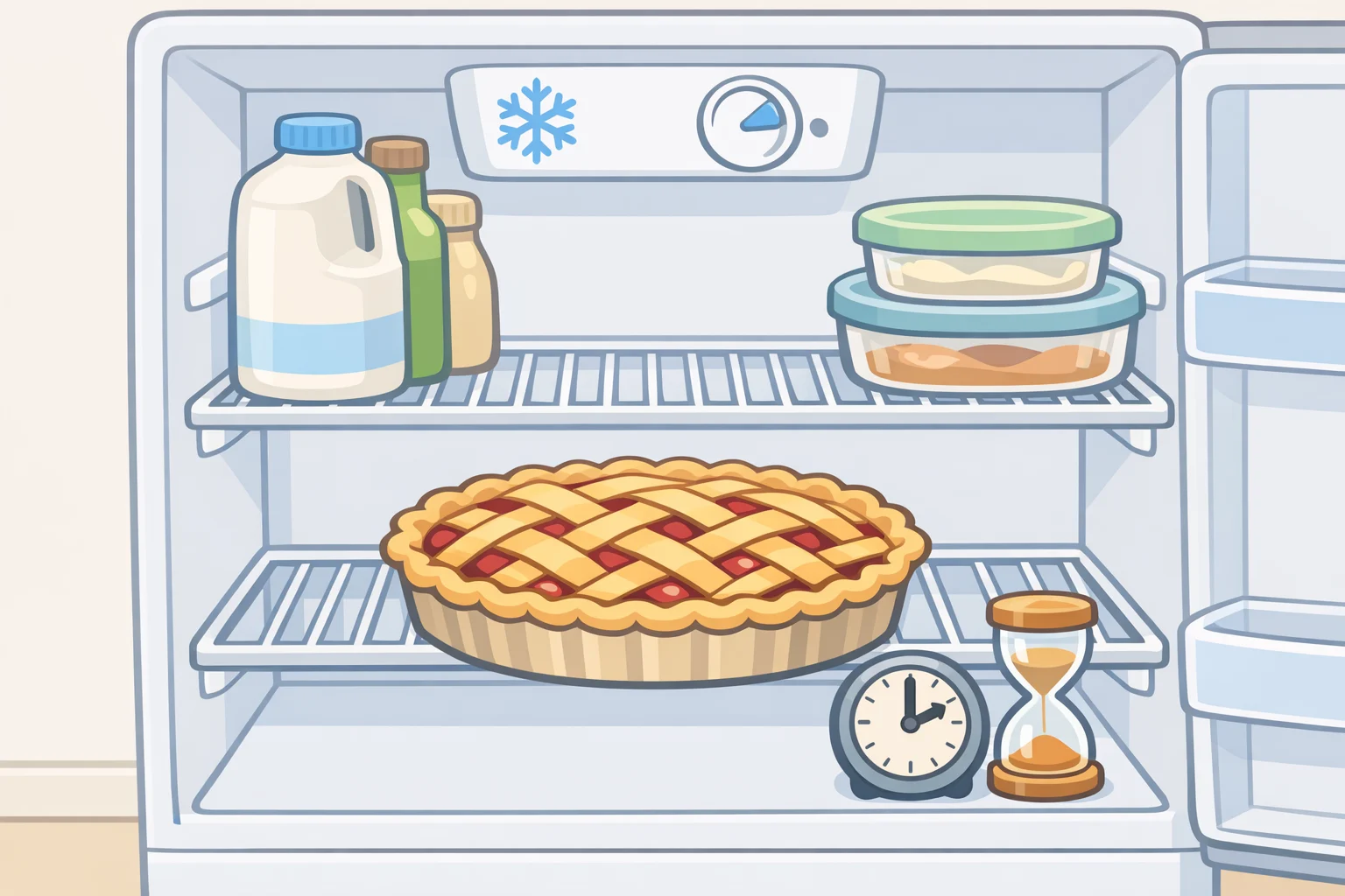 Illustration of a finished no-bake root beer float pie covered and chilling in the refrigerator for at least four hours before slicing