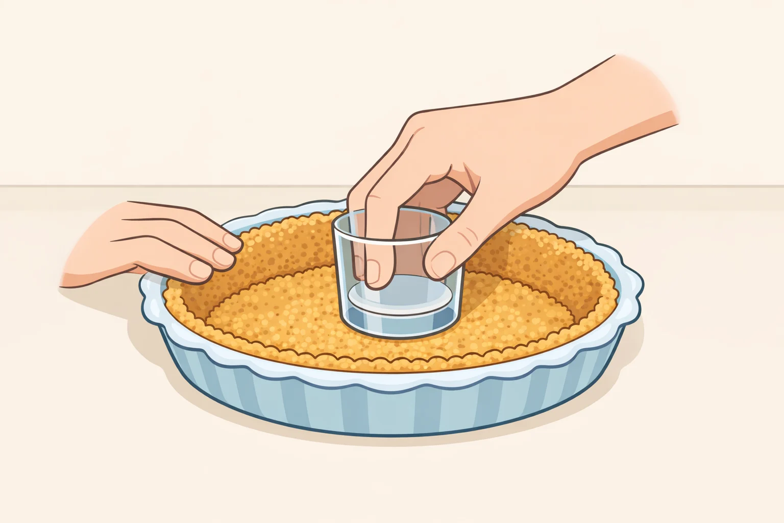 Illustration of graham cracker crumbs mixed with melted butter and pressed firmly into a 9-inch pie dish for a no-bake root beer float pie base