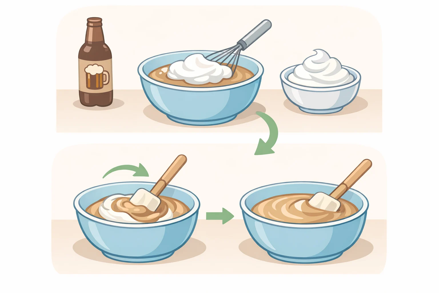 Illustration of a stand mixer whipping heavy cream to stiff peaks, then a spoon or spatula folding whipped cream into the root beer pudding mixture for a no-bake root beer float pie recipe