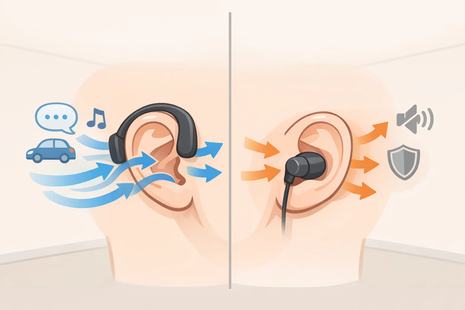 Diagram comparing open-ear earbuds sitting outside the ear canal versus sealed in-ear earbuds, emphasizing ambient sound awareness for CMF Clip Pro