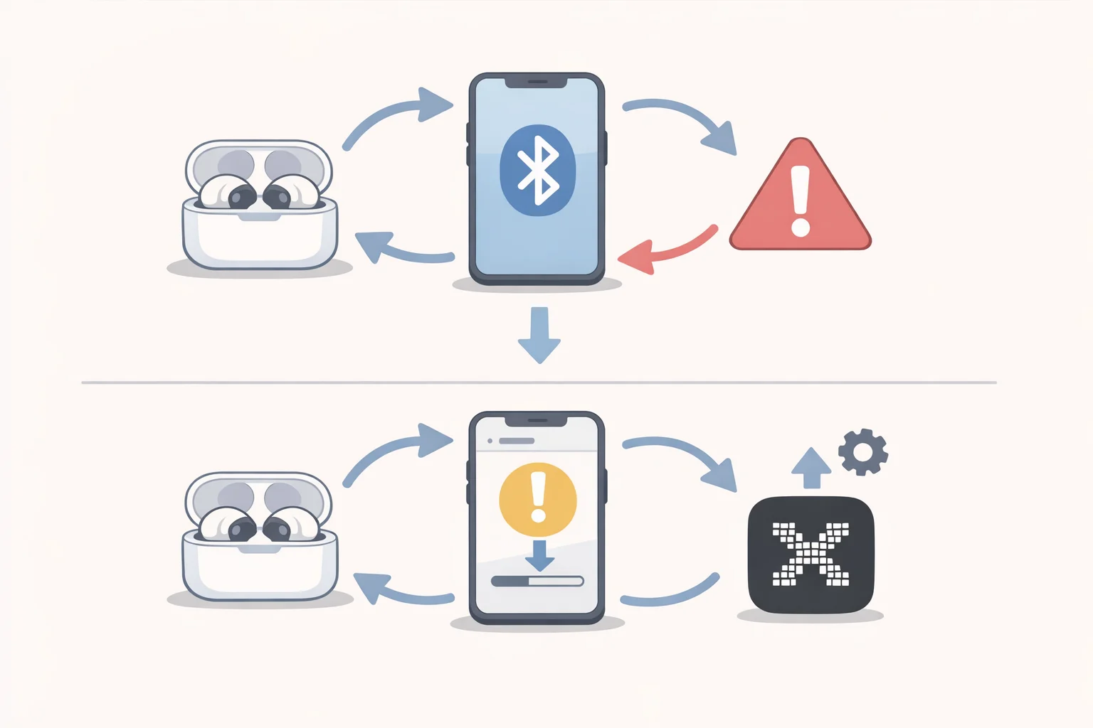 Illustration of a smartphone pairing screen showing multiple repeated attempts for CMF Clip Pro earbuds, plus a firmware update path via the Nothing X app