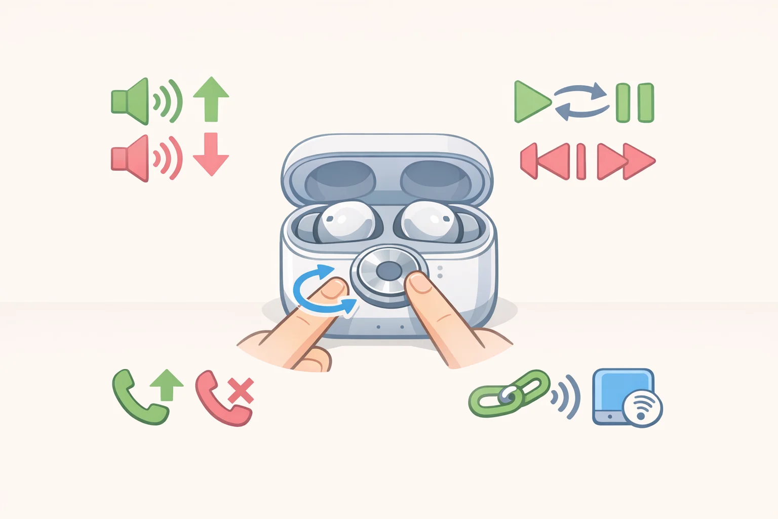 CMF Clip Pro open-ear earbuds charging case with a rotating Smart Dial on the lid, illustrating volume and playback/call controls plus single, double, and triple press actions