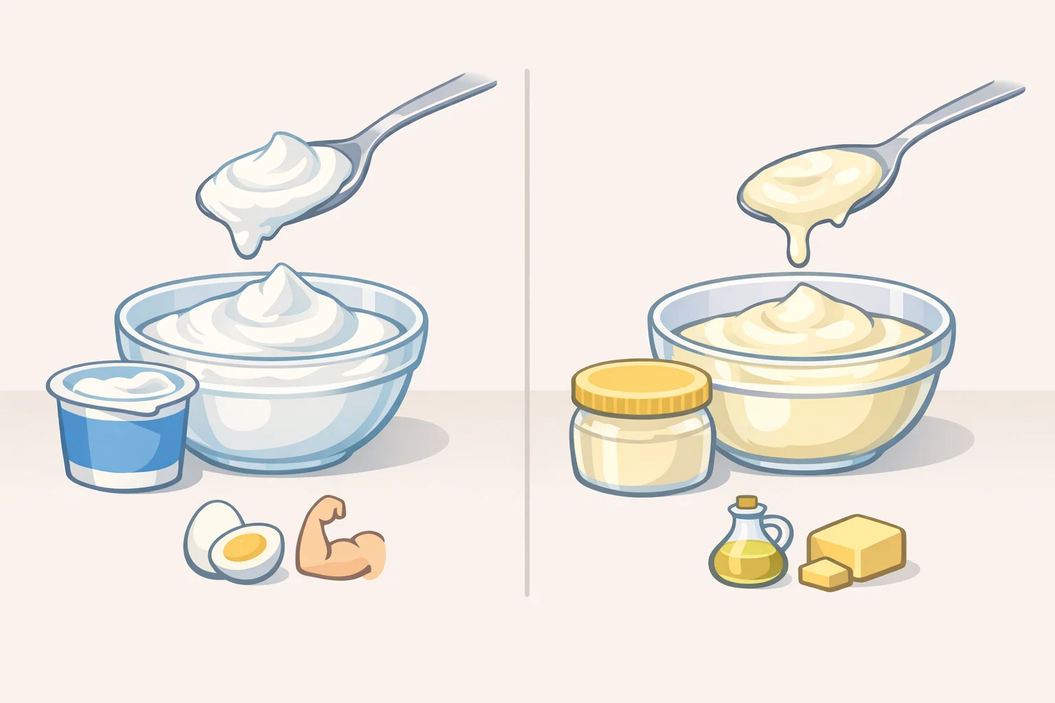 Close-up comparison of Greek yogurt versus mayonnaise textures used to make Greek yogurt macaroni salad dressing