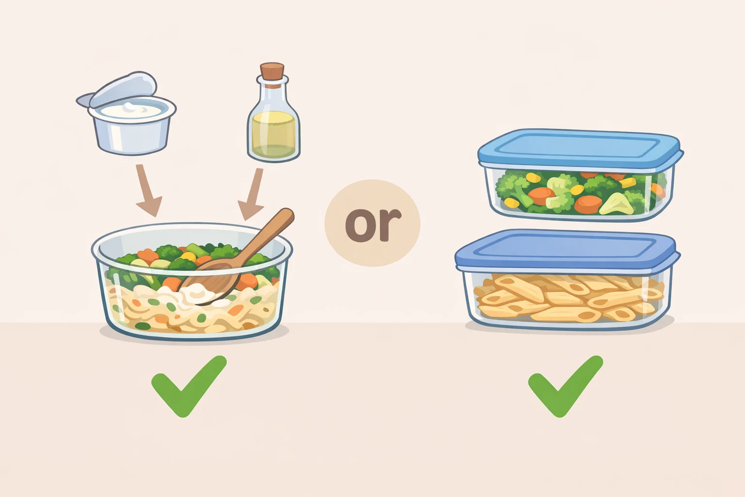 Two-panel diagram comparing overnight storage of Greek yogurt macaroni salad: full dressed-and-stirred method versus separate storage with late mixing