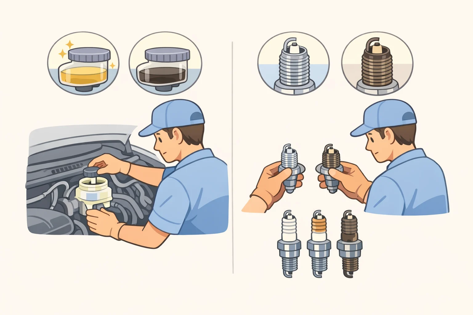 Illustration of a technician examining brake fluid (inspection/test port) and removing a spark plug to verify plug type and condition for a 60,000-mile service decision