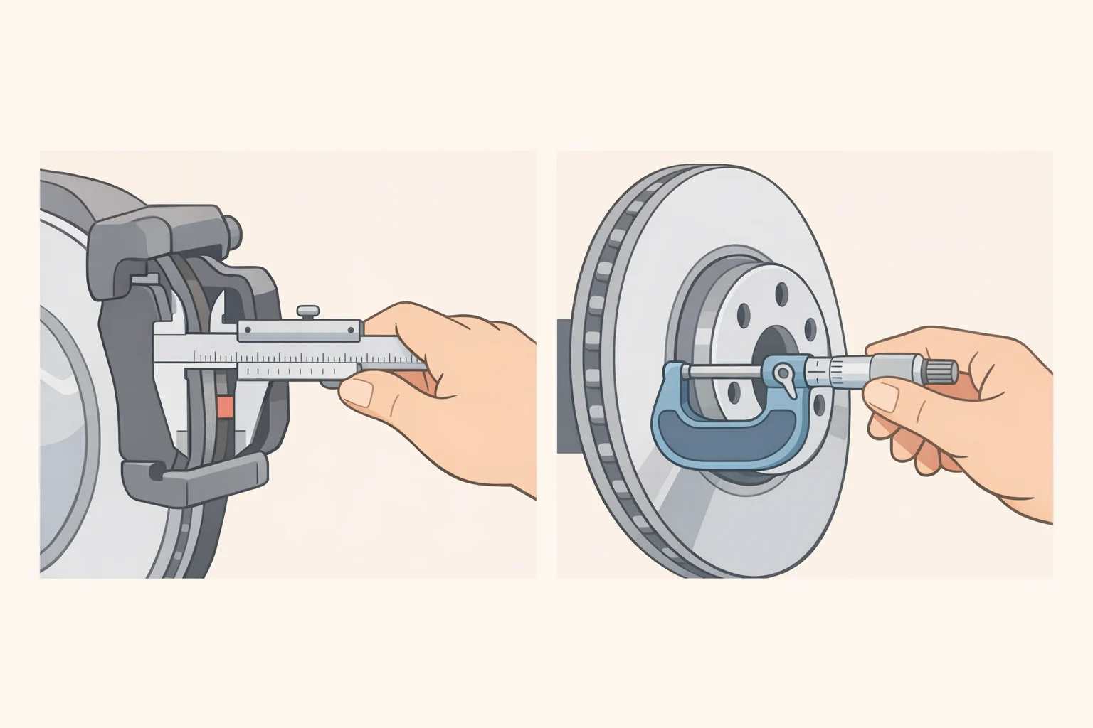 Illustration of brake service measurements showing pad thickness in millimeters and rotor thickness against the minimum specification, with indicators for uneven wear and rotor scoring