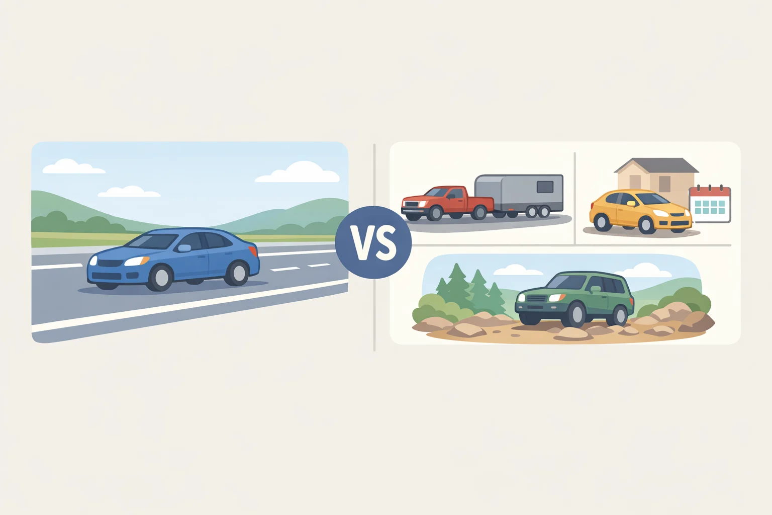 Diagram comparing normal and severe-duty driving factors (short trips, towing, stop-and-go, dusty/off-road) showing how intervals for car parts to replace at 60,000 miles may shift
