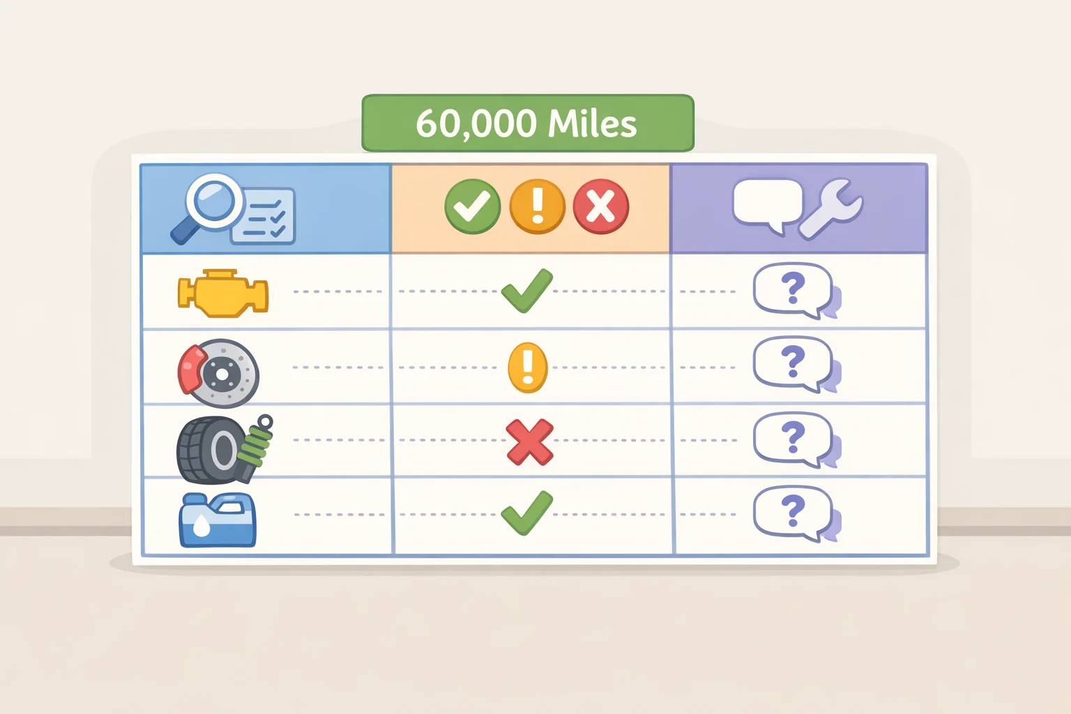 Illustration of a 60,000-mile maintenance checklist table covering drivetrain fluids, brake fluid, spark plugs, engine oil, and brake pads/rotors with columns for what determines service and what to ask the shop