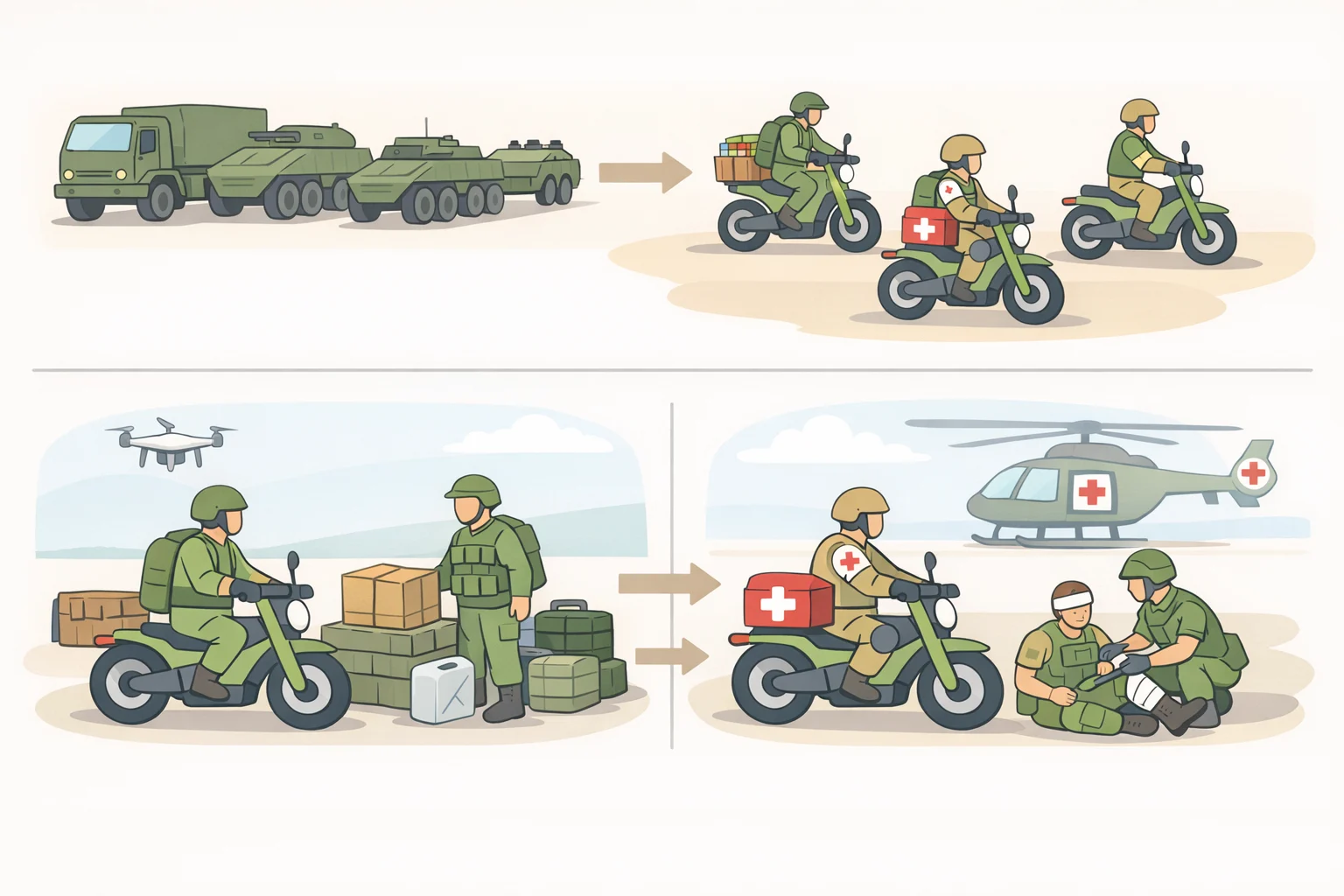 Map-style illustration of Ukrainian front-line units using electric motorcycles and ATVs for dispersed logistics, reconnaissance, and medical evacuation along constrained routes