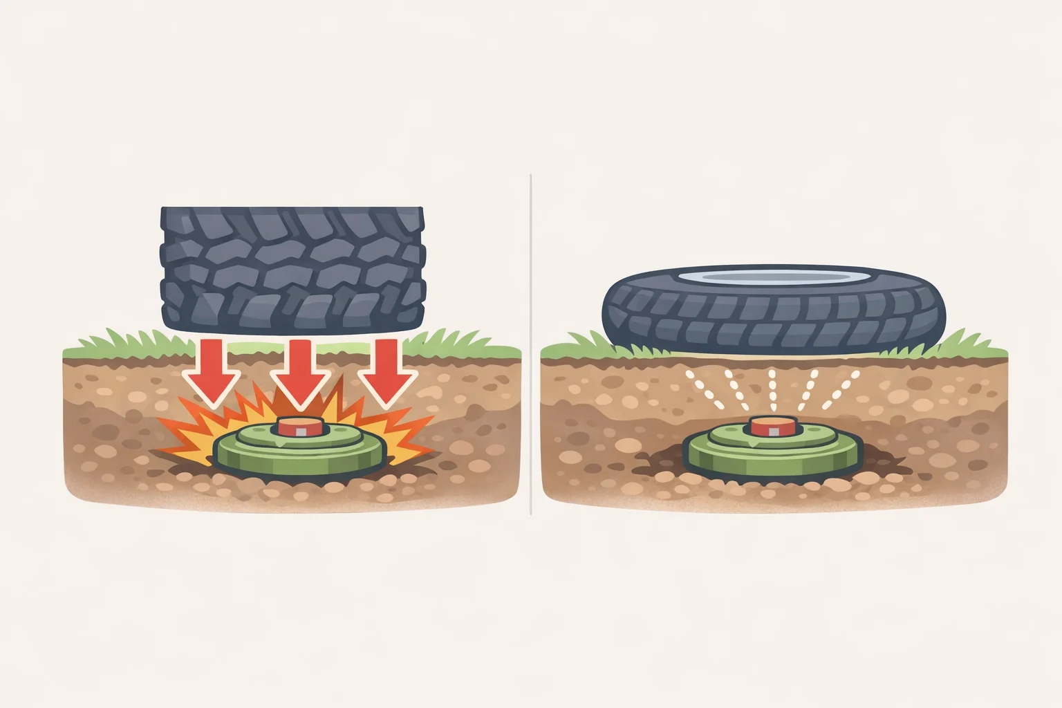Illustration comparing tire ground pressure of the MUL.E against an infantryman's footstep over anti-vehicle mines, highlighting reduced activation risk without guaranteed immunity