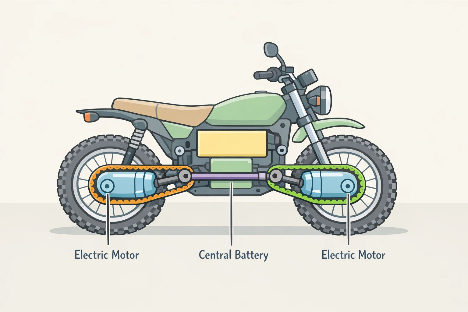 Diagram of Ukraine MUL.E electric military motorcycle showing a 2x2 all-wheel-drive layout with two independent electric motors and the armored two-rider intended configuration
