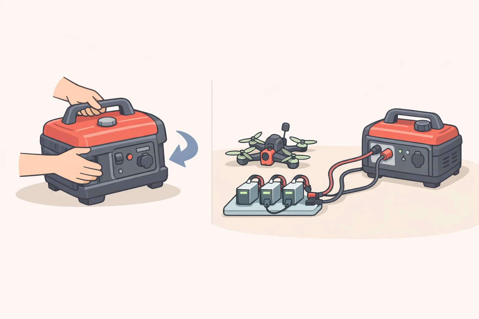 Illustration of the MUL.E with a removable generator mounted on the frame, detached to recharge FPV drone batteries, radios, and phones while operating away from the power grid