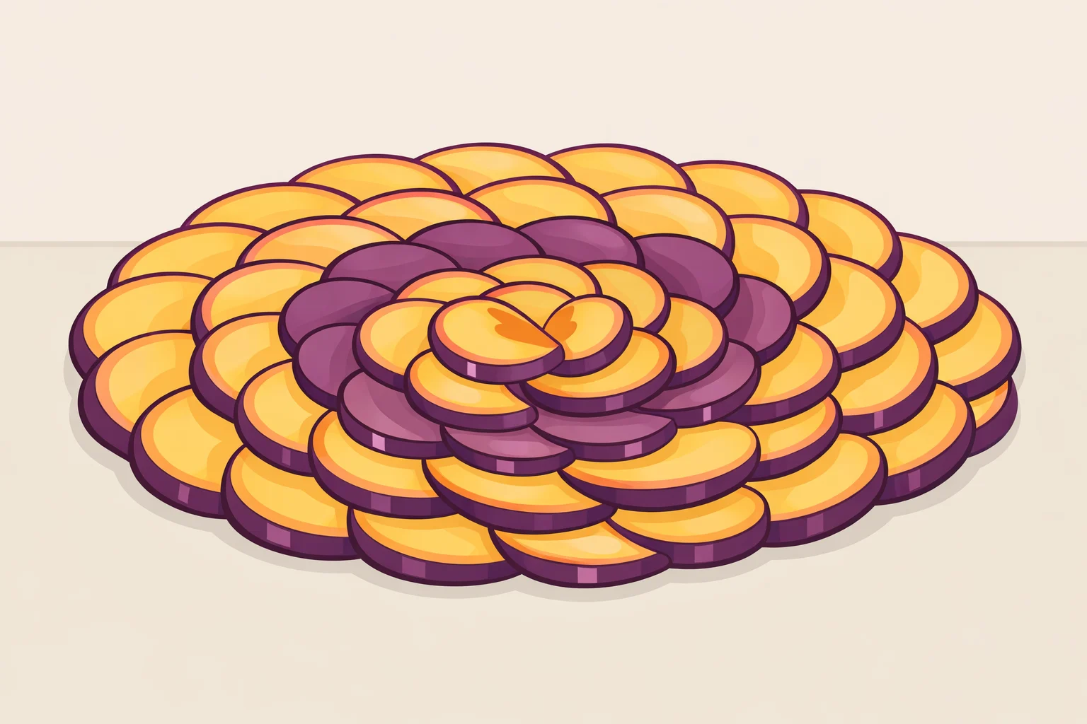 Overhead view of thinly sliced plums arranged in overlapping rings inside a lined 9-inch pan before making caramel for a plum upside-down cake recipe