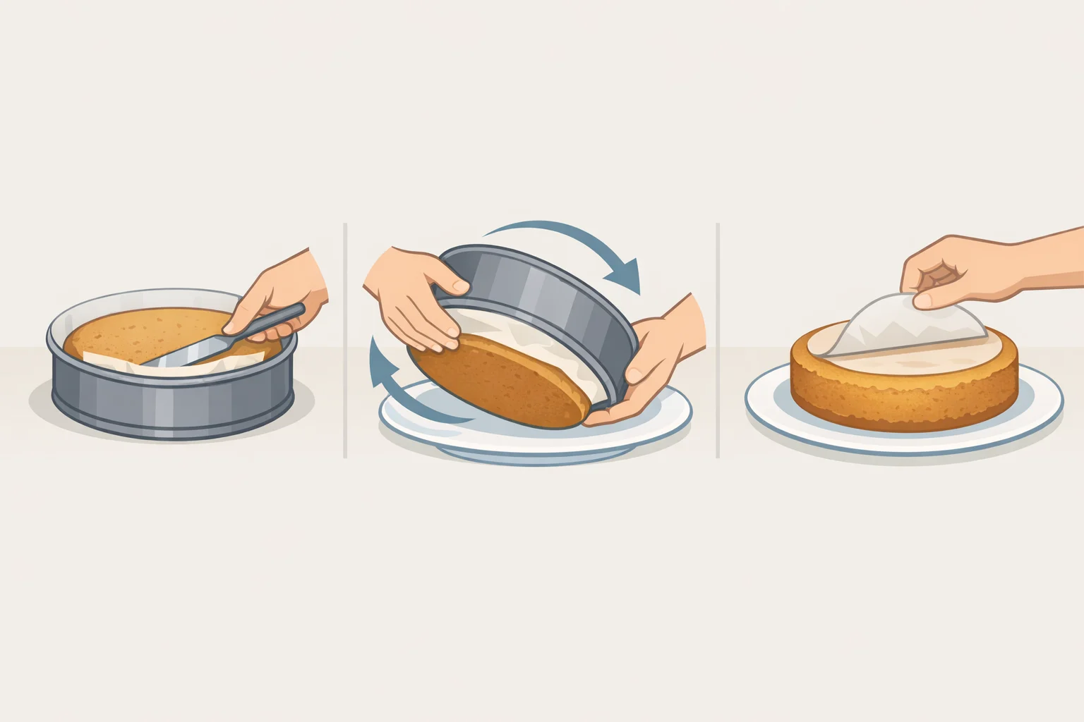 Chef inverting a baked plum upside-down cake onto a serving plate with parchment peeled off last to reveal a clean caramel topping