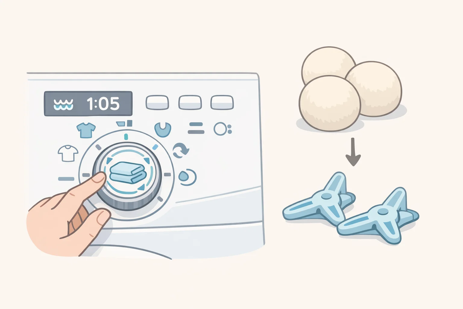 Illustration of a washing machine control panel highlighting a bedding or anti-tangle cycle, alongside wool dryer balls and a clip-on sheet detangler attached at sheet corners
