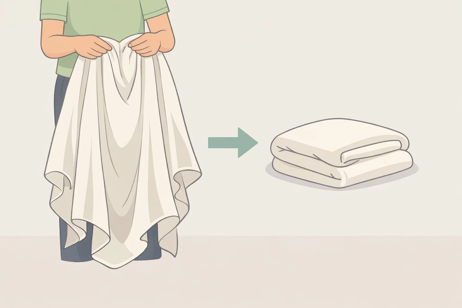 Illustration of how to keep sheets from balling up in the washer by gathering each sheet at the center with four corners hanging free, then making a loose quarter-fold bundle for loading