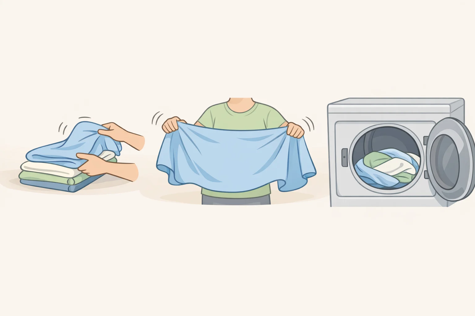 Illustration of shaking out each sheet after the washer cycle to loosen twists, then gathering it again using the center-and-corners method before placing it in the dryer with space