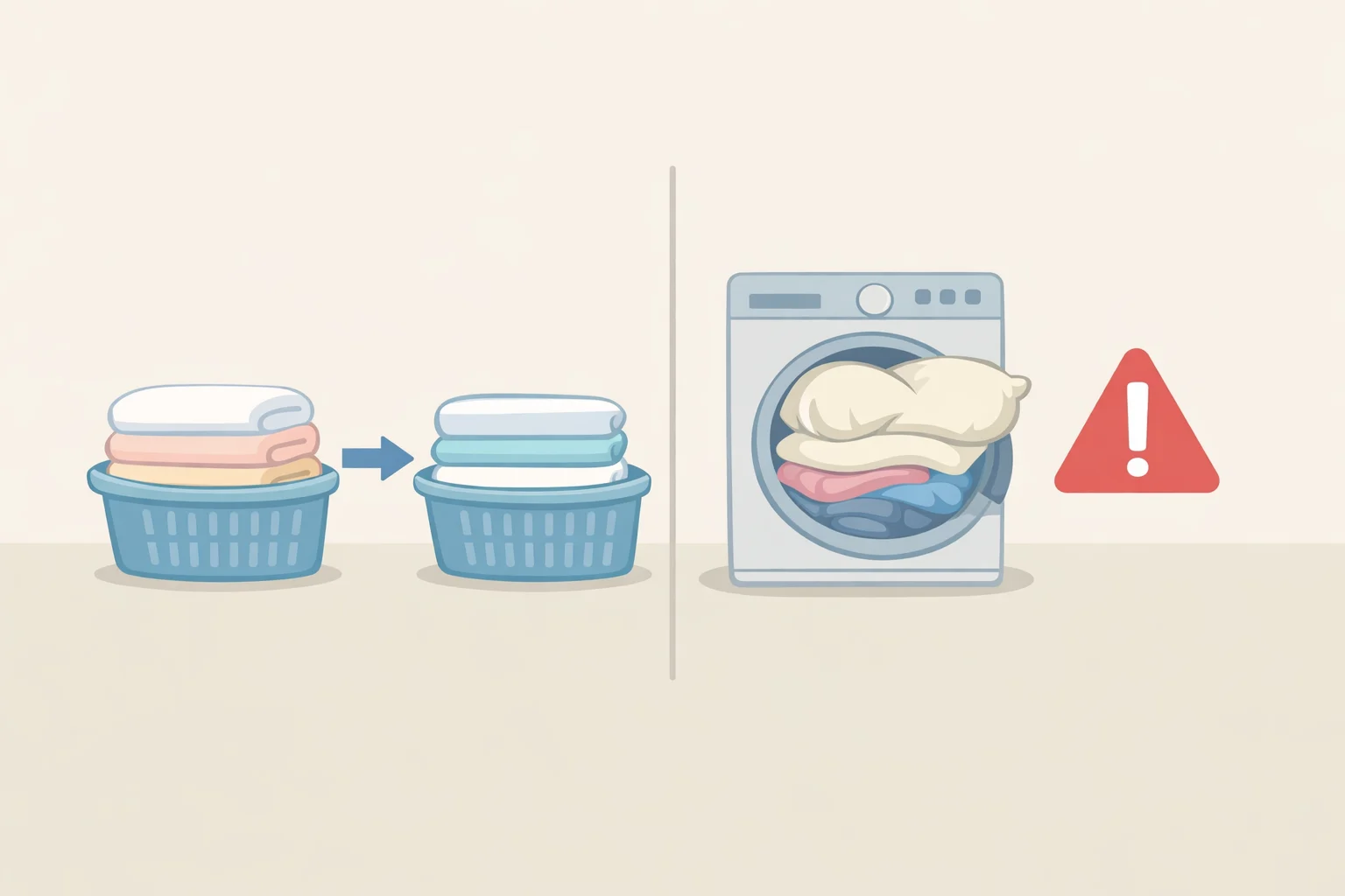 Illustration showing sheets kept separate from towels and clothes, with a highlighted example of heavy pillows not mixed with light sheets to prevent load imbalance