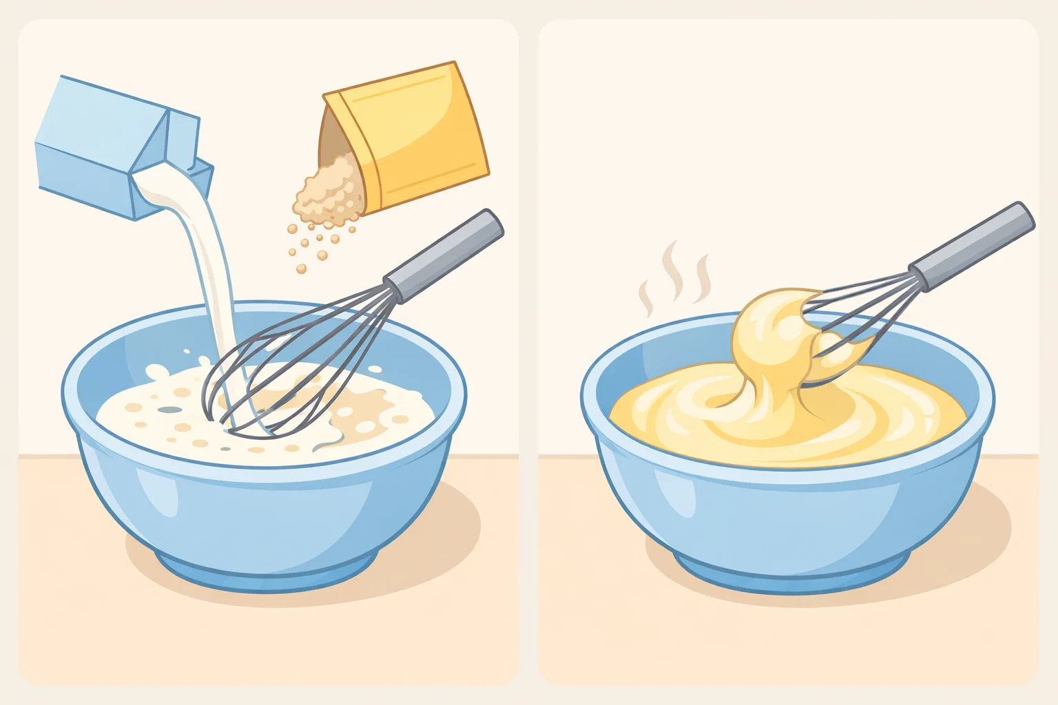 A large mixing bowl showing milk and instant vanilla pudding mix whisked together into a thickened base for a banana pudding fluff recipe