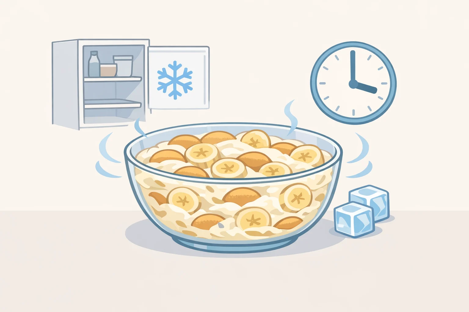 Banana pudding fluff after 3 to 4 hours in the fridge, with softened Nilla wafers and banana slices holding their shape