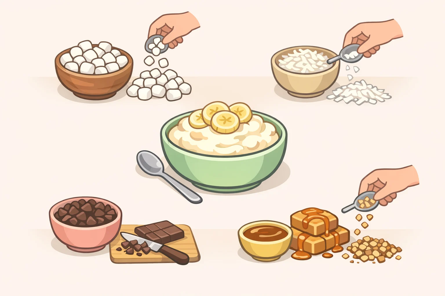 A spread of topping options for a banana pudding fluff recipe, including mini marshmallows, shredded coconut, chocolate chips, and caramel-toffee drizzle