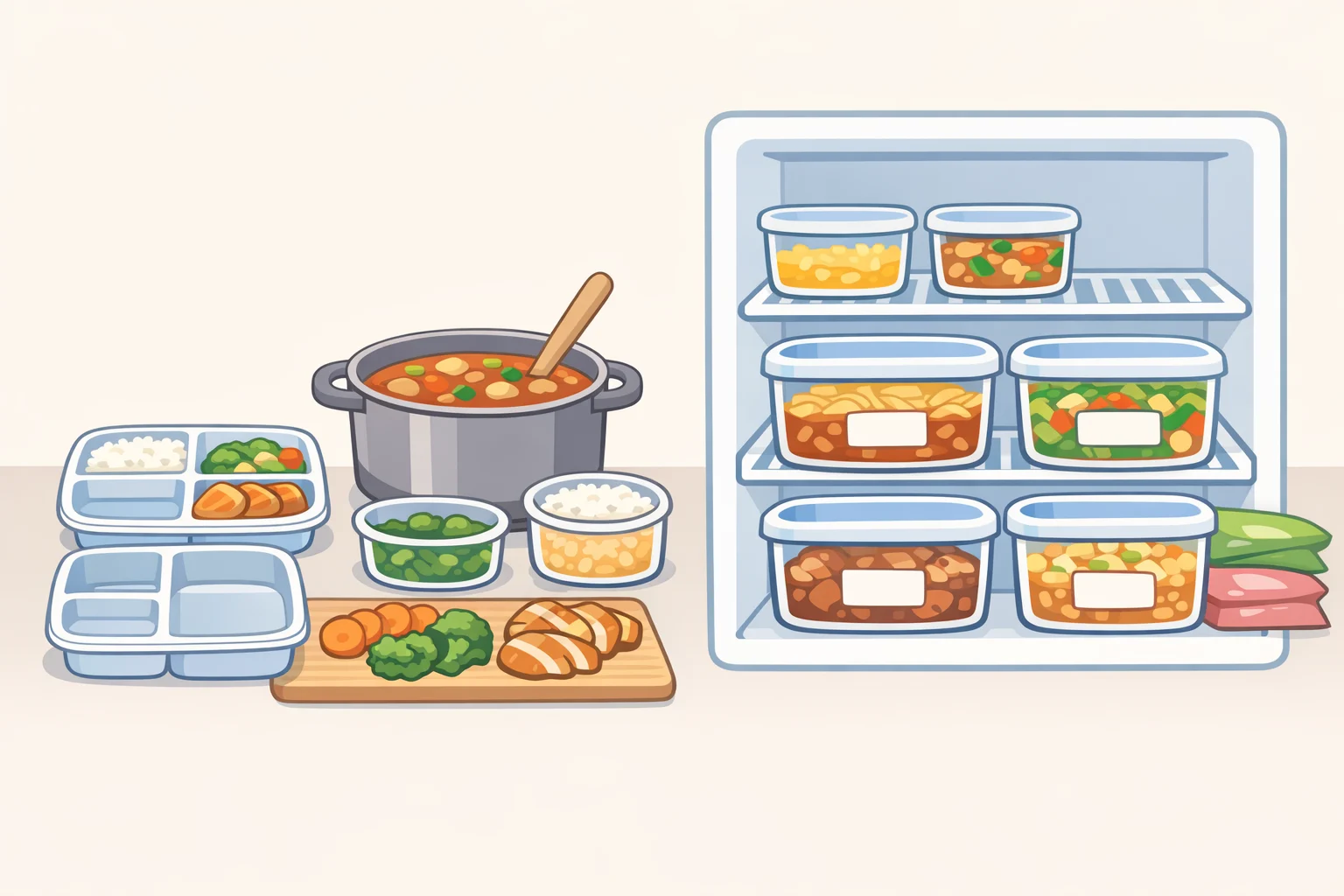 Illustration of homemade beans and rice split into freezer containers with handwritten date labels to prevent waste and keep savings