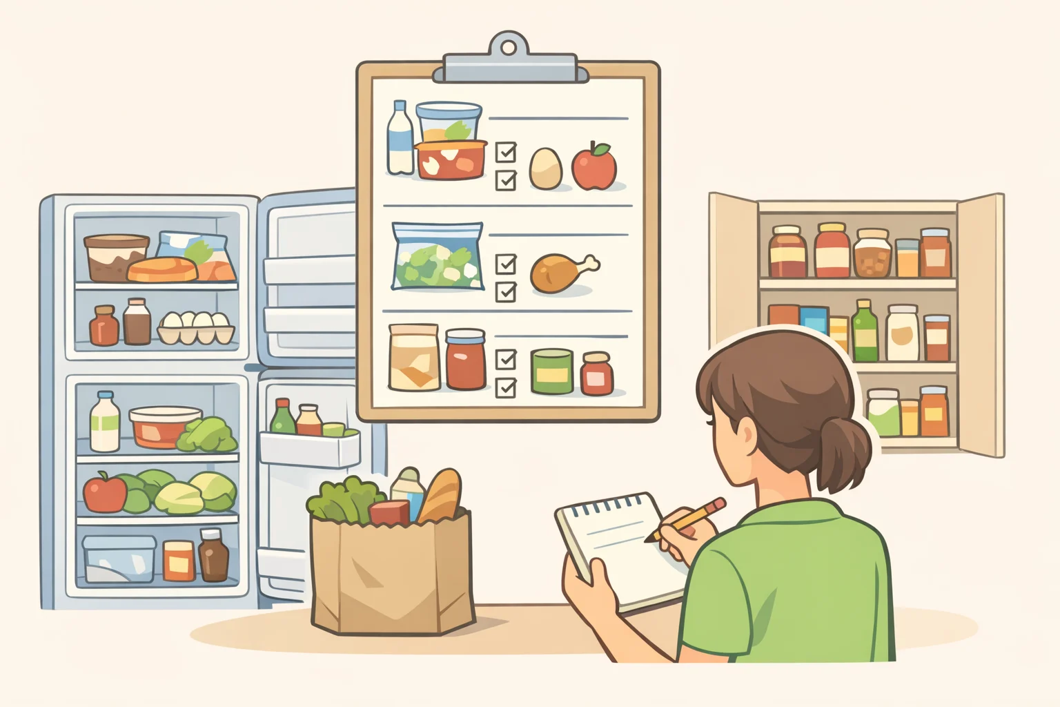 Illustration of a phone checklist while a shopper checks the fridge freezer and pantry to plan groceries and reduce food waste as part of how to save money on grocery bills