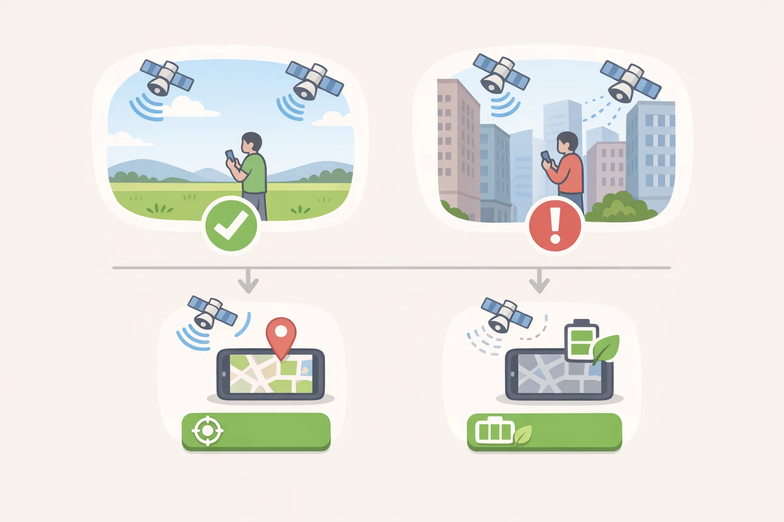 Side-by-side map-style illustration showing open-sky running where power-saving GPS works well versus dense city streets or trees where accurate GPS mode improves tracking
