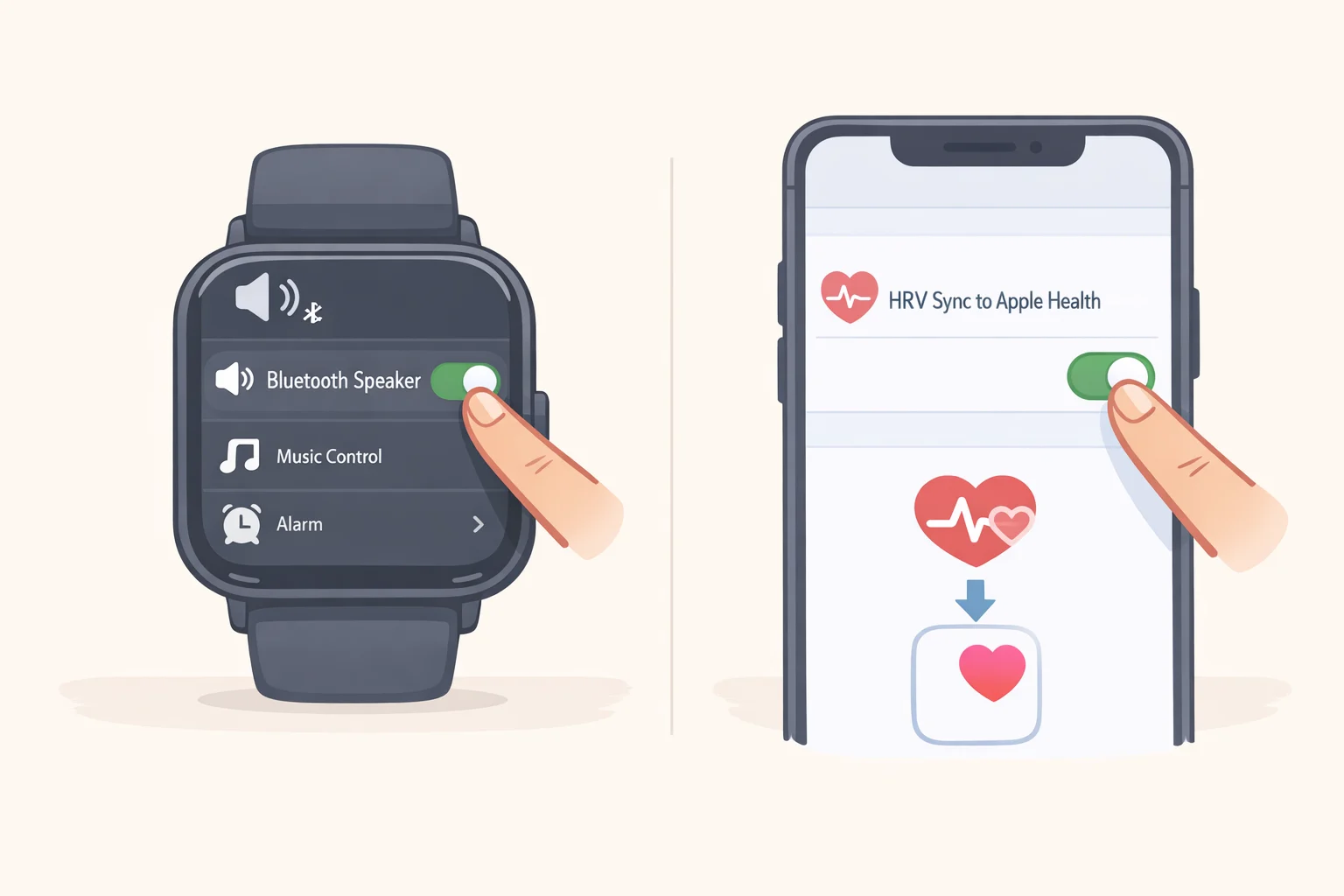 Illustration of the Amazfit Balance 3 tips and tricks extras: turning on Bluetooth Speaker in Control Center/Settings and enabling HRV sync to Apple Health within Zepp