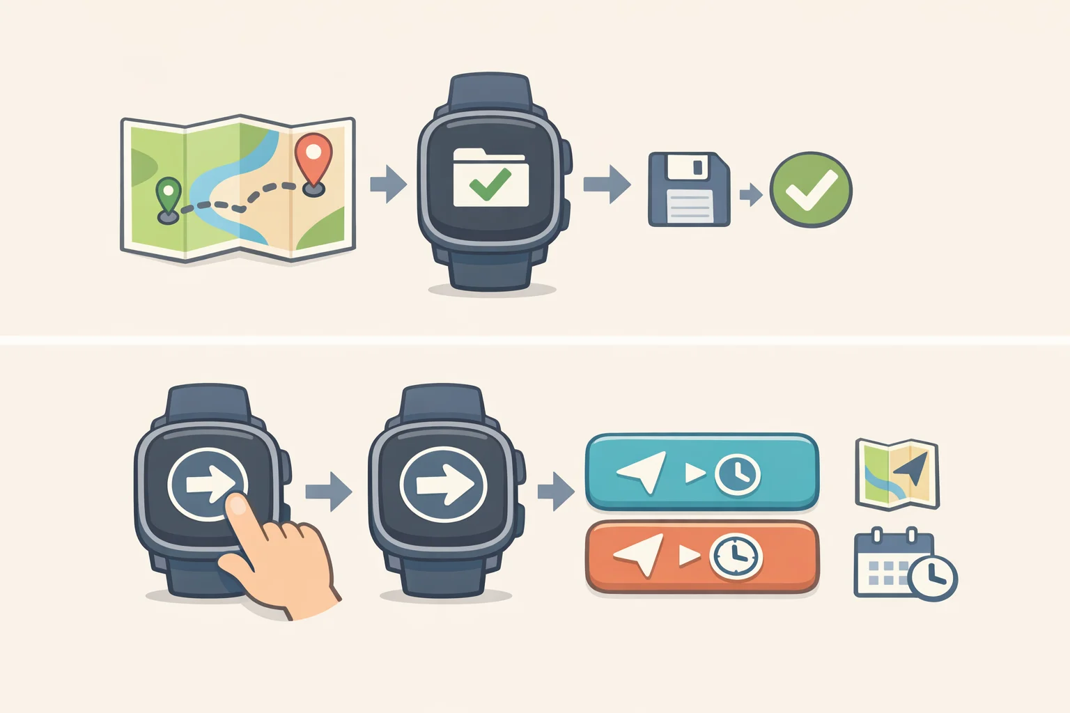 Illustration of the Amazfit Balance 3 route save menu with options like Save Route Only, Save Route and Navigate, and Start Navigation Only, plus a map view toggle for Advance Up