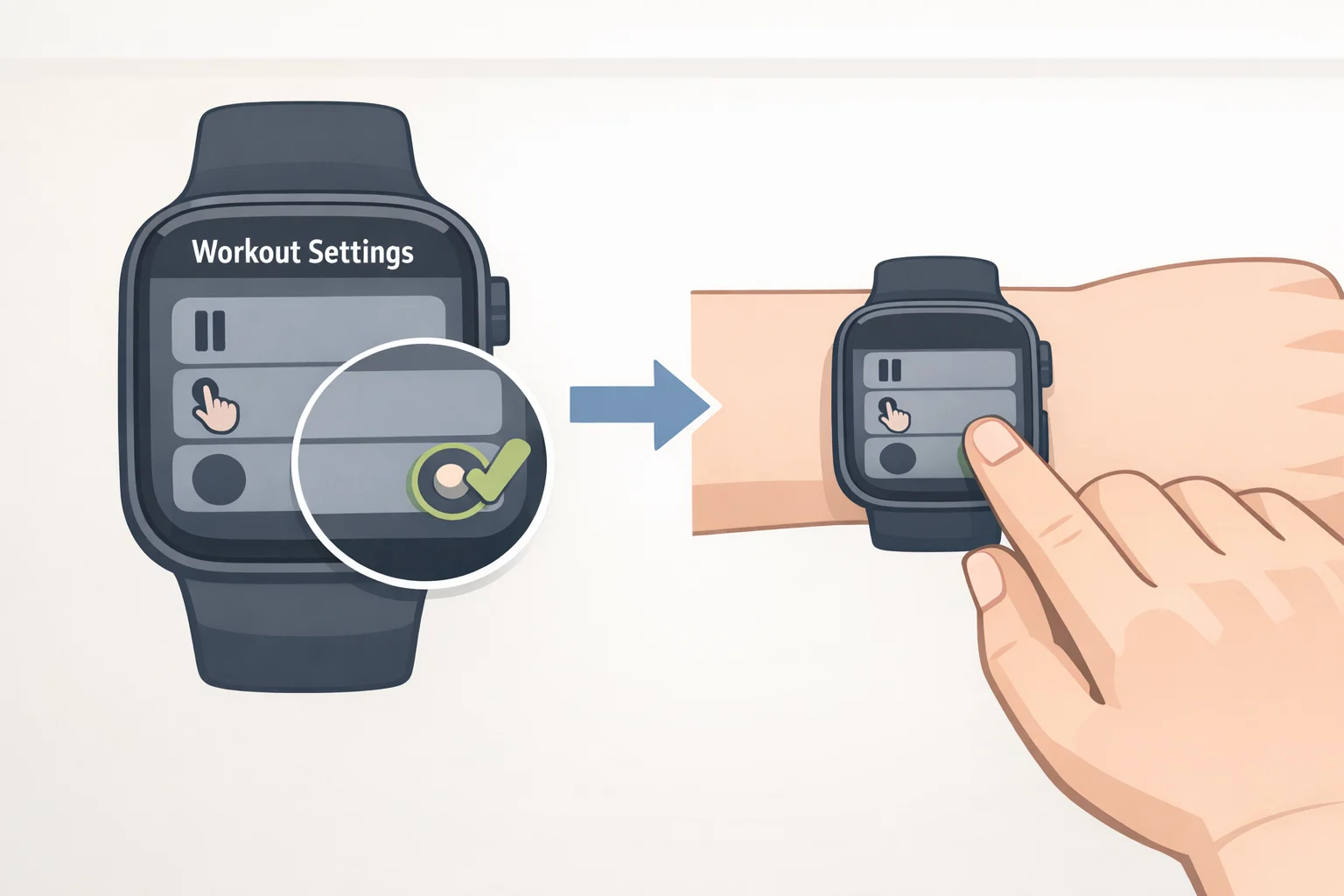 A step-by-step view of the Amazfit Balance 3 Workout Settings screen where the pause mechanism is changed from press to Long Press to prevent accidental pauses during strength training