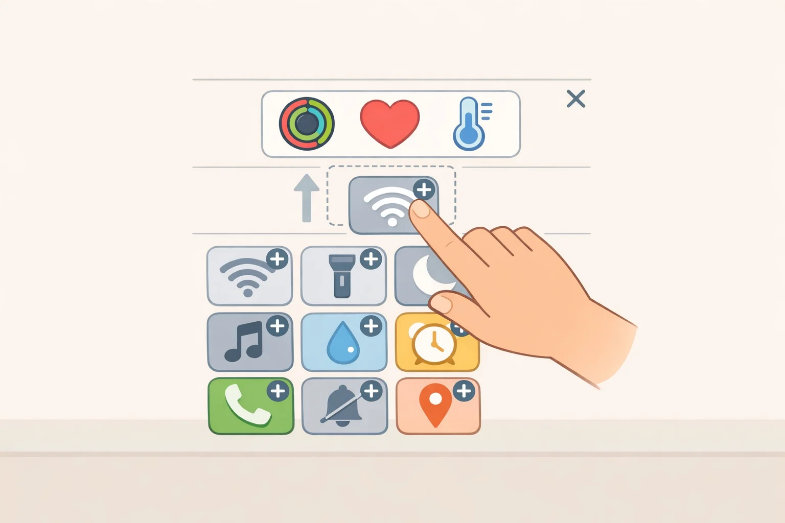 Illustration of the watch Control Center Edit screen showing up to 24 selectable cards like recent heart-rate data, alarm status, and upcoming calendar events