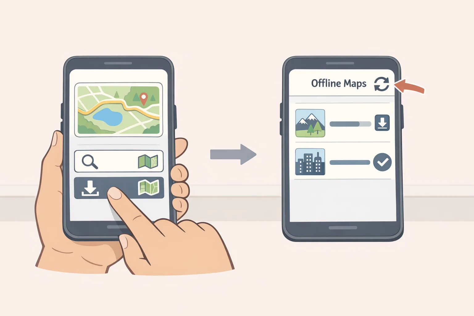 Illustration of the Zepp app Device > Map Management screen with actions to delete, resume, and update offline maps for the Amazfit Cheetah 2 Ultra