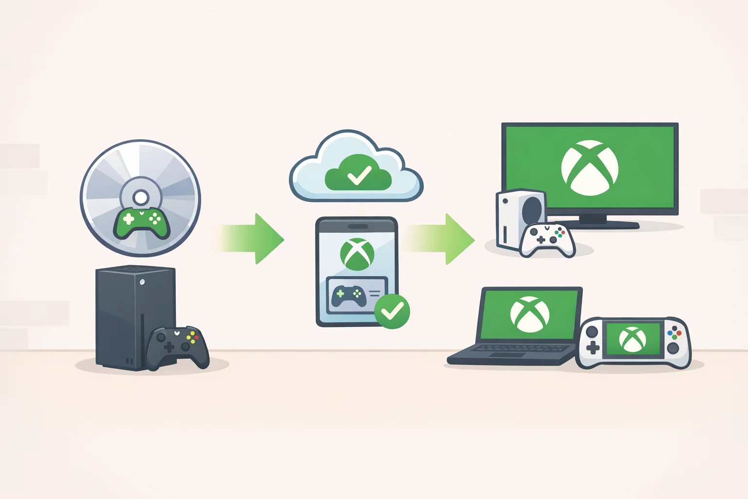 Disc-to-Digital conversion flow for next Xbox backward compatibility, turning an Xbox One or Series disc into a portable digital license usable on multiple Xbox devices