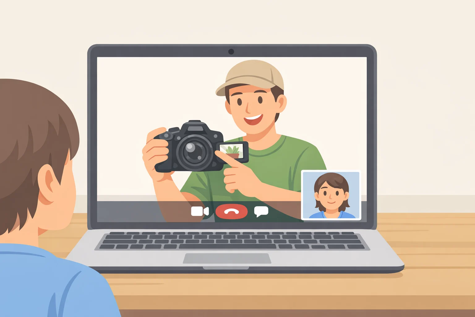 Illustration of a video call where a seller powers on a vintage digicam and performs a live demo of menu navigation and taking a sample photo before money changes hands