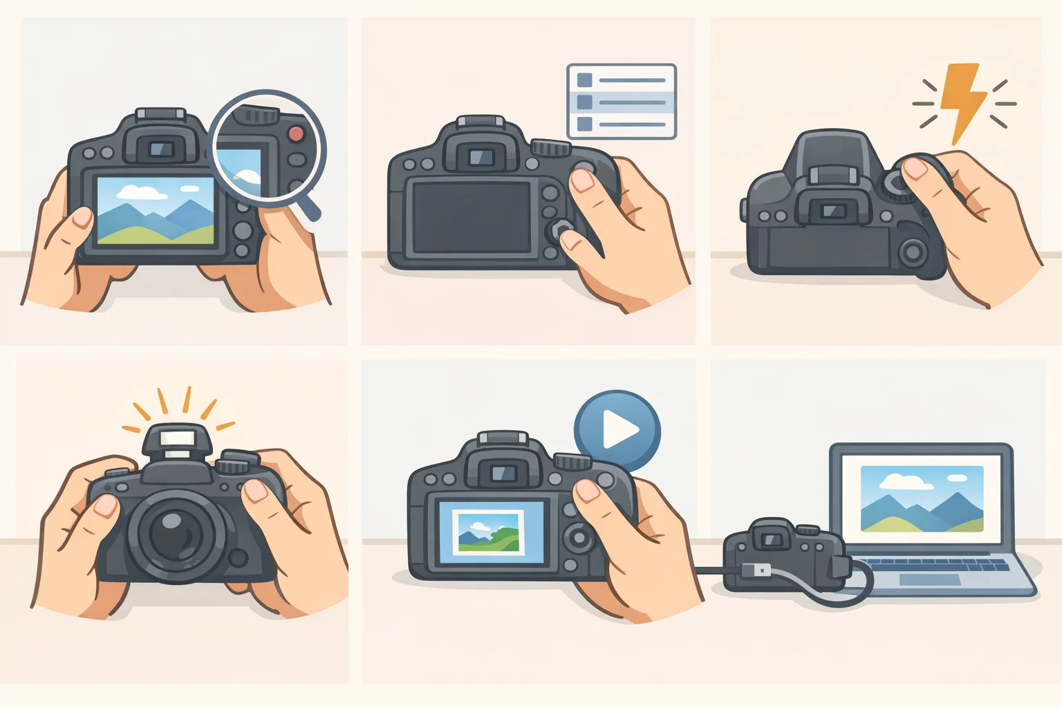 Checklist illustration for verifying a vintage digital camera: testing LCD responsiveness, shutter firing, zoom/autofocus, flash, playback, and downloading images to a computer