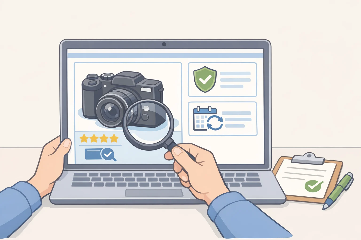 Screenshot-style illustration of a used digital camera dealer page showing grading photos, warranty badge, and a clearly stated return window—showing where to buy vintage digital cameras with the most recourse