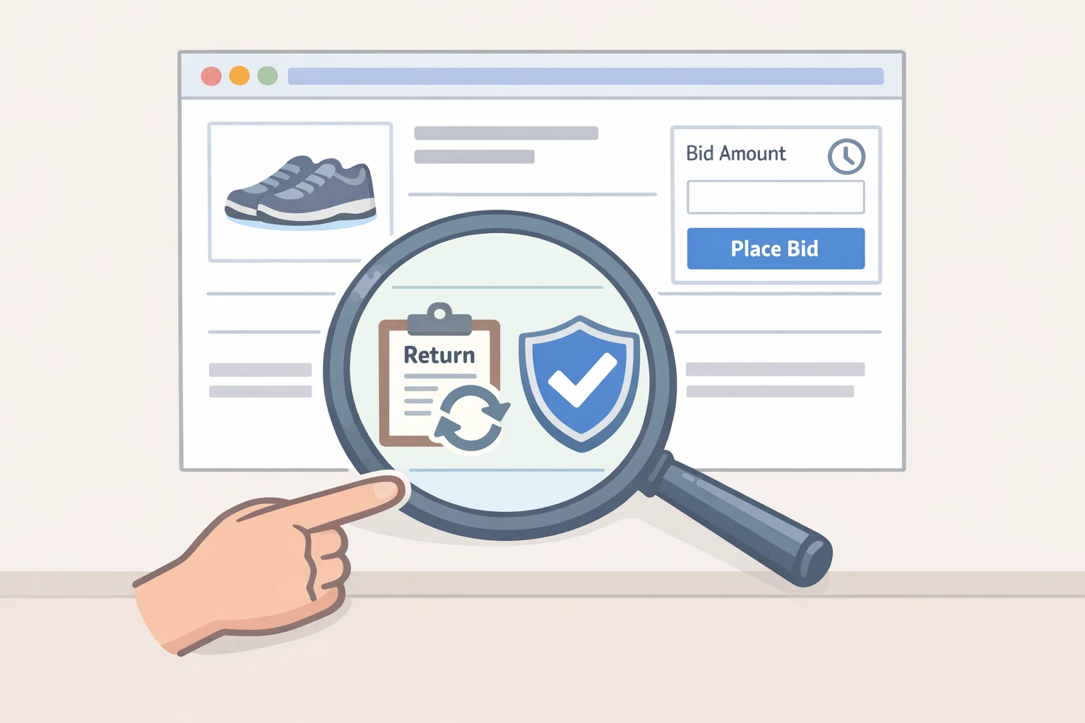Illustration of an eBay used digital camera listing highlighting the return terms and buyer protection section before placing a bid