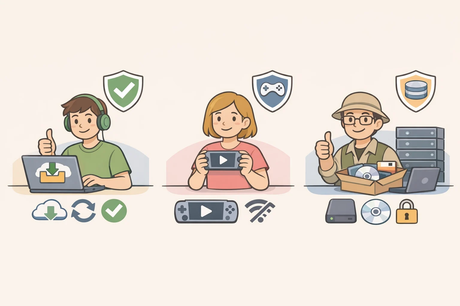 Infographic illustration showing three boxes: a fixed redownload guarantee at purchase, an offline-play option after delisting, and a preservation-access pathway for museums and archives