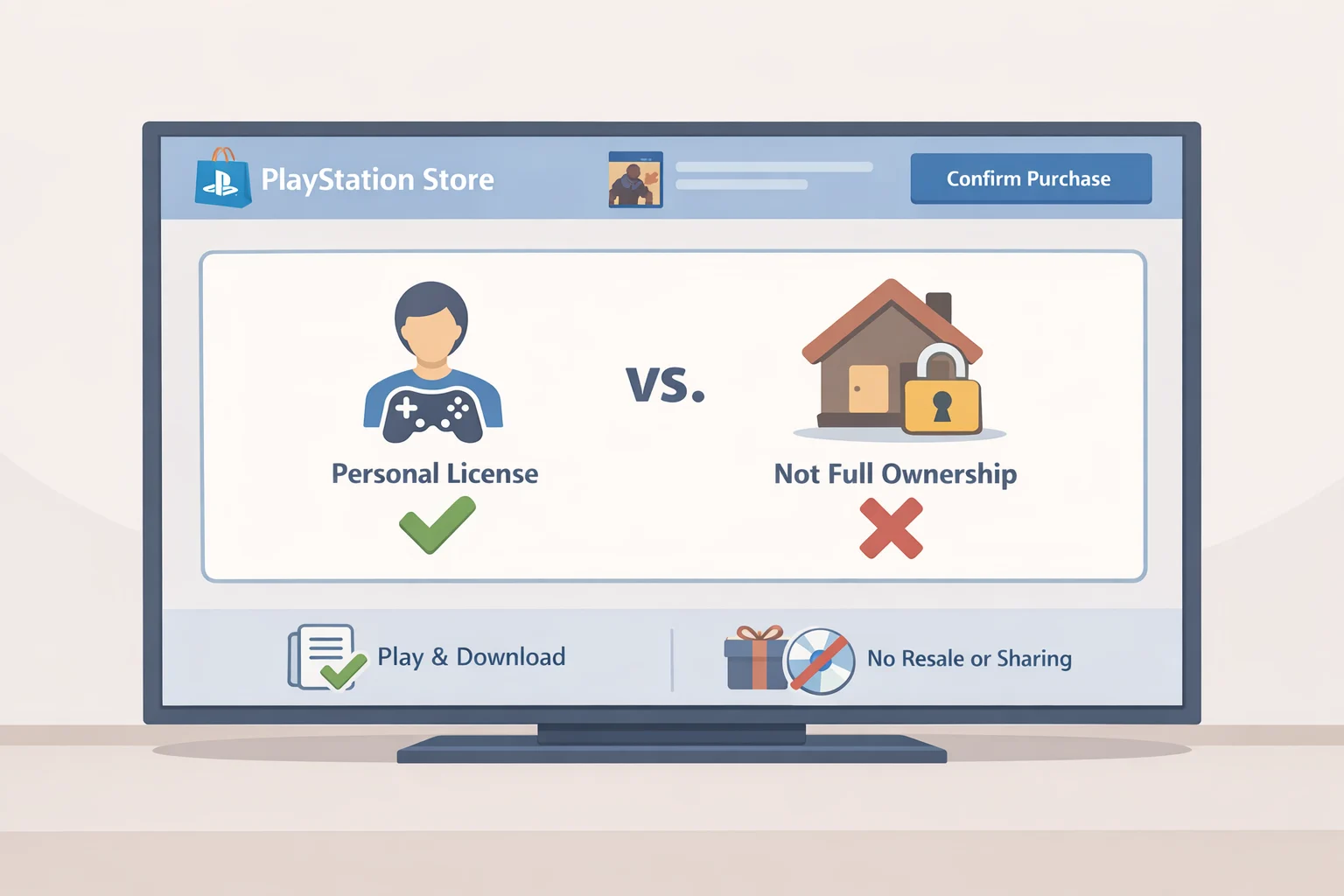 Screenshot-style illustration of a PlayStation Store checkout page stating that games are licensed for non-commercial use, highlighting the risk behind Sony's all-digital gaming future game ownership